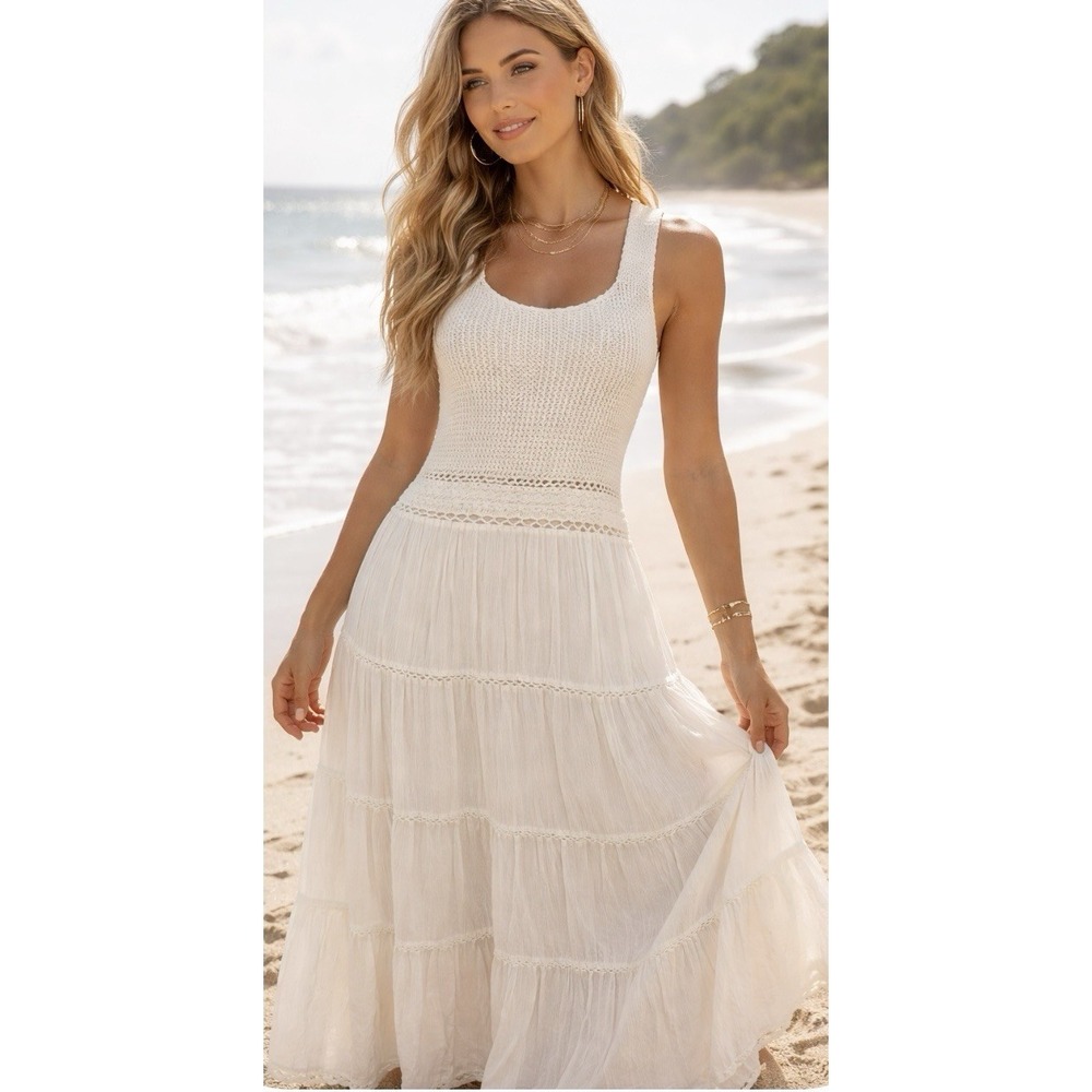 Cotton Crochet Maxi Dress XL Ivory Cream Boho Cottage Coastal Preppy Beachy